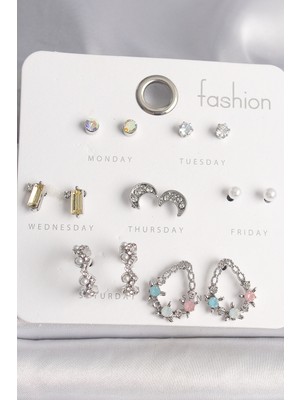 Azrlya Pirinç Gümüş Renk Renkli Zirkon Taşlı Halka Damla Figür Hilal Detay 7 Çift Kadın Küpe Seti - Lisinya