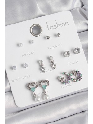 Azrlya Pirinç Gümüş Renk Zirkon Taşlı Sallantılı Kalp Model Çiçek Detay 7 Çift Kadın Küpe Seti - Lisinya