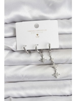 Azrlya Kutup Yıldızı Model Gümüş Renk Pirinç 3'lü Kadın Küpe Seti - Lisinya