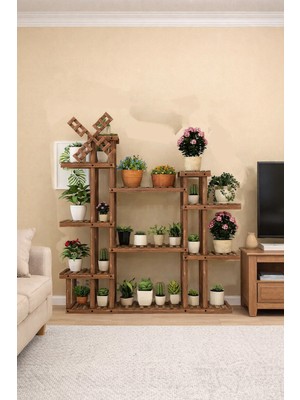 Alan Dekor Çok Raflı Ahşap Eskitme Ceviz Ahşap Dekoratif Çiçeklik Saksılık Balkon Bahçe Standı Mobilyası