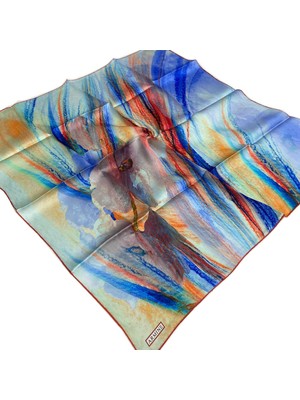 Armine Mavi - Kırmızı Batik Desen Sura Ipek Eşarp 9102 - 03