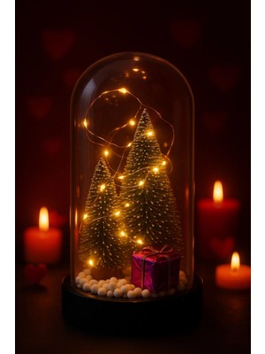 Marsilyan Yeni Yıl Hediye Led Işıklı Fanus İçinde 2 Çam Ağacı ve Hediye Temalı Noel Yılbaşı Gece Lambası