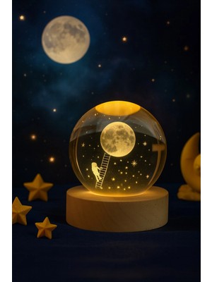 Marsilyan 3D Ay Merdiveni Temalı Kristal Küre Gün Işığı Led Gece Lambası – USB'li Ahşap Standlı LED Lamba