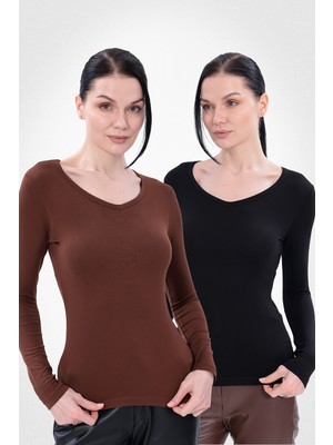 Yade Fashion V Yaka Uzun Kollu Kadın Body  2\\\'li Set