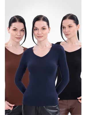 Yade Fashion V Yaka Uzun Kollu Kadın Body  3'lü Set