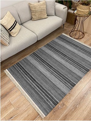 Kilim Home Cotton Kilim 3044 Siyah Gri Tonlarında Örgü Eskitme Desenli Dekoratif Dokuma Taban Kilim