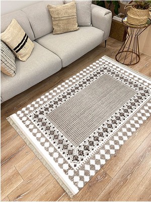 Kilim Home Cotton Serisi Kahve Tonlarında Antika Eskitme Desen Dekoratif Dokuma Taban Kilim