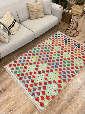 Kilim Home Cotton Serisi Renkli Geometrik Baklava Desenli Dekoratif Dokuma Taban Kilim