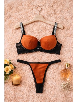 HepimizAlalım Kiremit Renk Dantelli Taş Askılı Push Up Sütyen Tanga Takım