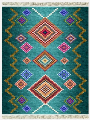 Kilim Home Cotton Kilim 3669 Yeşil Tonlarında Iskandinav Desenli Dekoratif Kilim