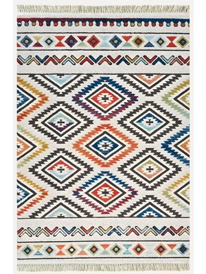 Kilim Home Cotton Kilim 19 Krem Zeminli Çizgili Desenli Dekoratif Yıkanabilen Dokuma Taban Kilim