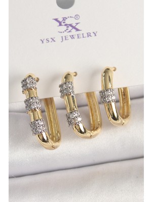 Azrlya Pirinç Gold Renk 3'lü Halka Model Gümüş Zirkon Taş Detaylı Kadın Kombin Küpe - Lisinya