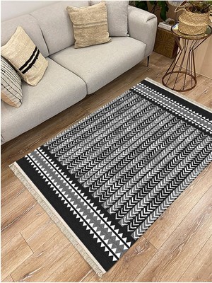 Kilim Home Cotton Serisi Siyah Beyaz Geometrik Etnik Eskitme Desenli Dekoratif Dokuma Taban Kilim