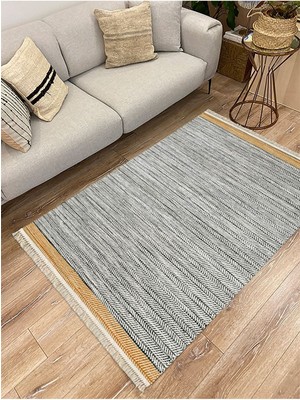 Kilim Home Cotton Serisi Hardal Gri Tonlarında Örgü Görümlü Otantik Dekoratif Dokuma Taban Kilim