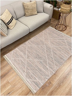 Kilim Home Cotton Serisi Gri Tonlarında Hasır Çizgileri Eskitme Desen Dekoratif Dokuma Taban Kilim