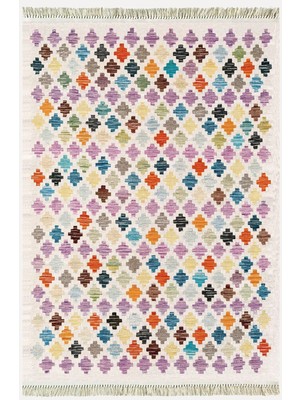 Kilim Home Cotton Kilim 43 Krem Üzerine Geometrik Modern Dekoratif Yıkanabilen Dokuma Kilim