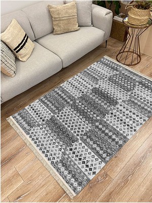 Kilim Home Cotton Serisi Gri Tonlarında Geometrik Eskitme Desen Dekoratif Dokuma Taban Kilim