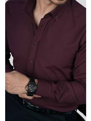 Etikmen Koyu Bordo Yaka Düğmeli Premium Şamre Slimfit Erkek Gömlek