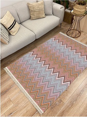 Kilim Home Cotton Serisi Multy Tonlarında Zikzak Eskitme Desenli Dekoratif Dokuma Taban Kilim