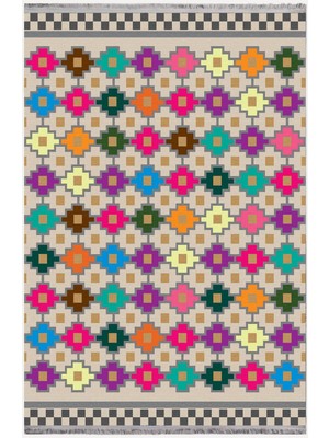 Kilim Home Cotton Serisi Multy Tonlarında Geometrik Baklava Desen Dekoratif Dokuma Taban Kilim