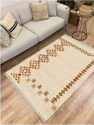 Kilim Home Cotton Serisi Multy Tonlarında Hasır Görünümlü Geometrik Eskitme Desen Dekoratif Dokuma Taban Kilim