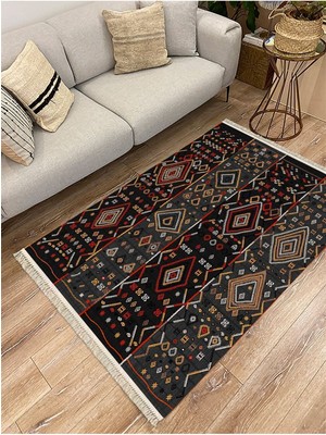 Infort Cotton Serisi Siyah Gri Orta Çağ Motifli Otantik Eskitme Desenli Dekoratif Dokuma Taban Kilim