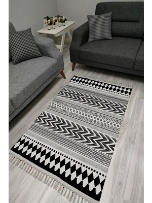 Kilim Home Cotton Serisi Siyah Beyaz Iskandinav Eskitme Desenli Dekoratif Dokuma Taban Kilim