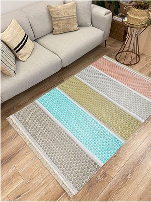 Kilim Home Cotton Serisi Multy Tonlarında Kabartma Eskitme Desenli Dekoratif Dokuma Taban Kilim
