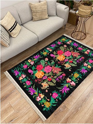 Kilim Home Cotton Serisi Siyah Taban Ütsünde Renkli Çiçek Motifli Otantik Dekoratif Dokuma Taban Kilim