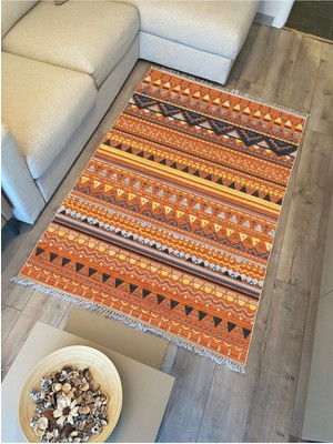 Kilim Home Cotton Kilim 25 Çok Renkli Geleneksel Motif Çizgili Desenli Dekoratif Yıkanabilen Dokuma Taban Kilim