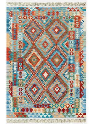 Kilim Home Cotton Serisi Açık Mavi Tonunda Baklavalı Geometrik Desen Dekoratif Dokuma Taban Kilim