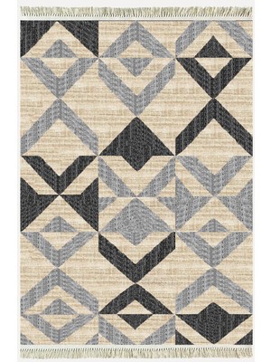 Kilim Home Cotton Kilim 37 Doğal Jut Renklı Giometrik Modern Desenli Dekoratif Yıkanabilen Dokuma Taban Kilim
