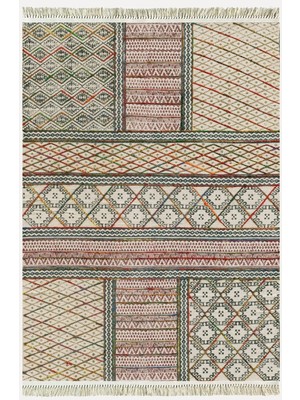 Kilim Home Cotton Kilim 29 Çok Renkli Geleneksel Motif Çizgili Desenli Dekoratif Yıkanabilen Dokuma Taban Kilim