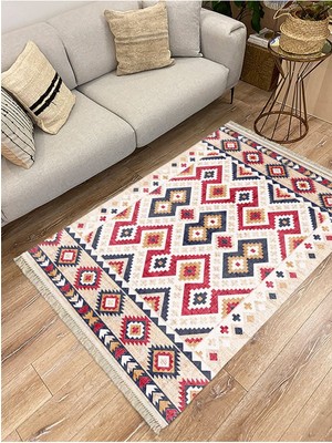 Kilim Home Cotton Serisi Multy Tonlarında Geometrik Hasır Görünümlü Otantik Dekoratif Dokuma Taban Kilim