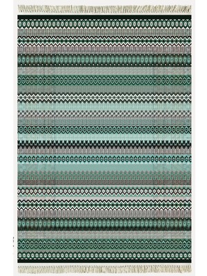 Kilim Home Cotton Kilim 21 Yeşil Zeminli Çizgili Desenli Dekoratif Yıkanabilen Dokuma Taban Kilim