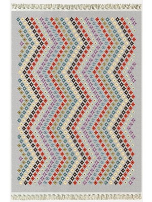 Kilim Home Cotton Kilim 45 Gri Zeminli Geneleksel Motifler Modern Dekoratif Yıkanabilen Dokuma T Kilim