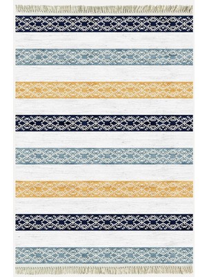 Kilim Home Cotton Kilim 36 Mavi Renklı Modern Desenli Dekoratif Yıkanabilen Dokuma Taban Kilim