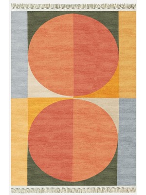 Kilim Home Cotton Kilim 32 Turuncu Tonlarında Modern Desenli Dekoratif Yıkanabilen Dokuma Taban Kilim