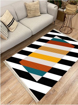 Kilim Home Cotton Serisi Siyah Beyaz ve Multy Tonlarında Yatay Çizgili Dekoratif Dokuma Taban Kilim