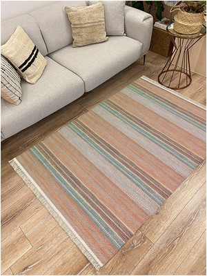 Kilim Home Cotton Serisi Multy Tonlarında Çizgili Eskitme Etnik Desenli Dekoratif Dokuma Taban Kilim