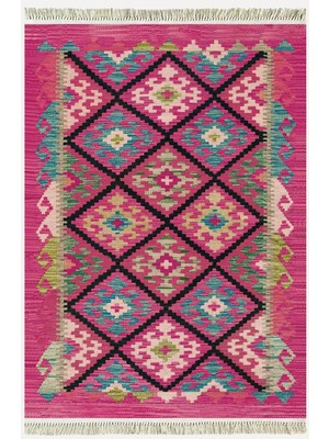 Kilim Home Cotton Kilim 61 Füşya Geleneksel Motifler Modern Dekoratif Saçaklı Yıkanabilen Dokuma Kilim