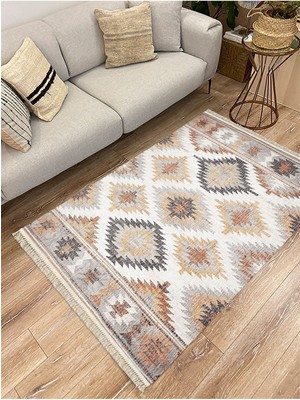 Kilim Home Cotton Serisi Ekitme Kahve Tonlarında Otantik Naturel Desen Dekoratif Dokuma Taban Kilim