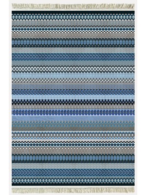 Kilim Home Cotton Kilim 6 Mavi Tonunda Geometrik Desenli Dekoratif Yıkanabilen Dokuma Taban Kilim