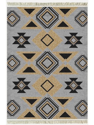 Kilim Home Cotton Kilim 49 Gri Zeminli Geneleksel Motifler Modern Dekoratif Yıkanabilen Dokuma Kilim