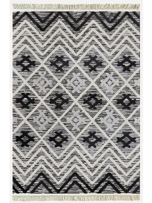 Kilim Home Cotton Kilim 15 Gri Zeminli Çizgili Desenli Dekoratif Yıkanabilen Dokuma Taban Kilim