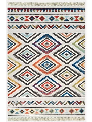 Kilim Home Cotton Kilim 19 Krem Zeminli Çizgili Desenli Dekoratif Yıkanabilen Dokuma Taban Kilim
