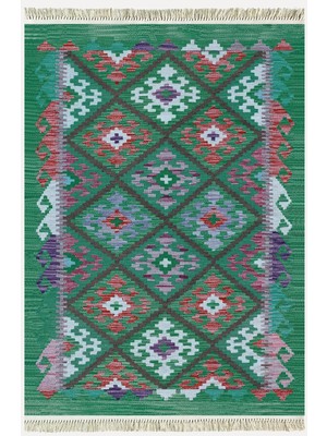 Kilim Home Cotton Kilim 62 Yeşil Geleneksel Motifler Modern Dekoratif Saçaklı Yıkanabilen Dokuma Kilim