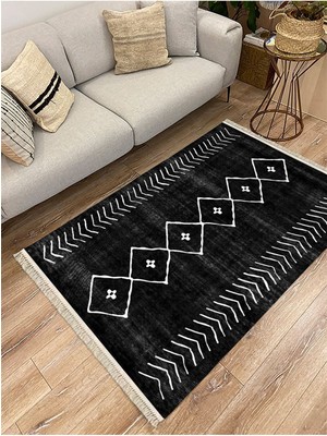 Kilim Home Cotton Serisi Siyah Beyaz Naturel Orta Çağ Desen Dekoratif Dokuma Taban Kilim