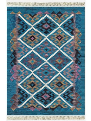 Kilim Home Cotton Kilim 60 Mavi Geleneksel Motifler Modern Dekoratif Saçaklı Yıkanabilen Dokuma Kilim