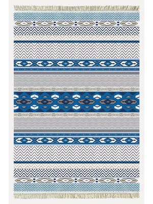 Kilim Home Cotton Kilim 78 Mavi ve Beyaz Tonlarında Etnik Bohem Stil Pamuk Taban